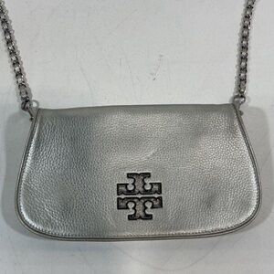 Women’s Tory Burch Metallic Silver Leather Flap Crossbody Bag
